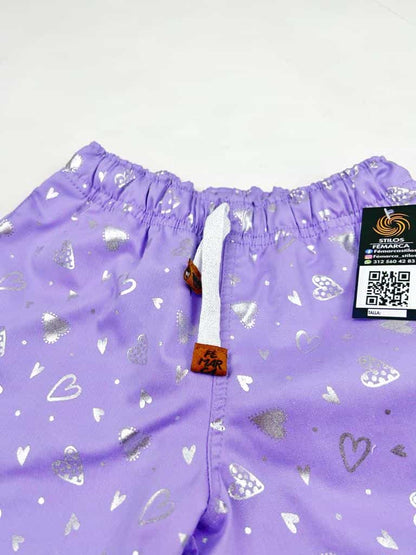 OUT|Short Niña Lila Corazónes Plateados